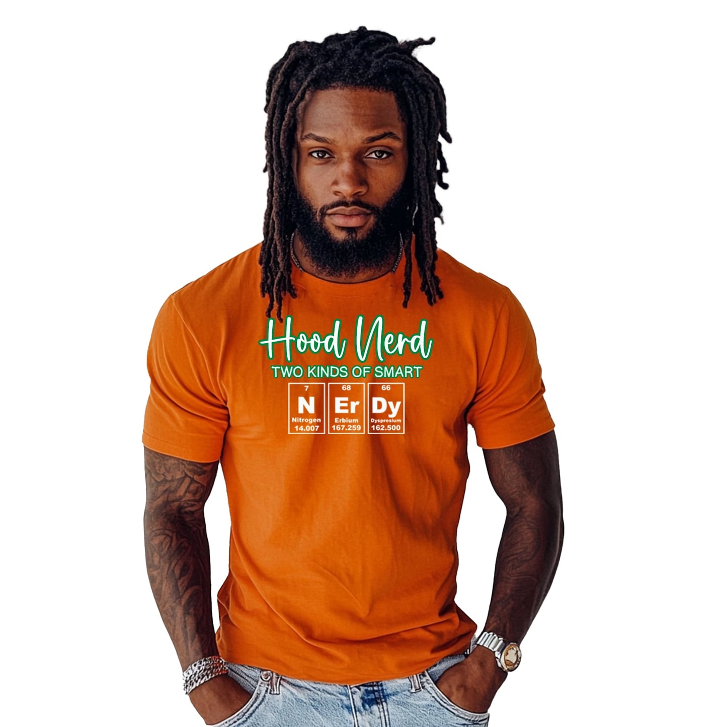 Orange/White with Green Outline Nerdy T-Shirt (Unisex)